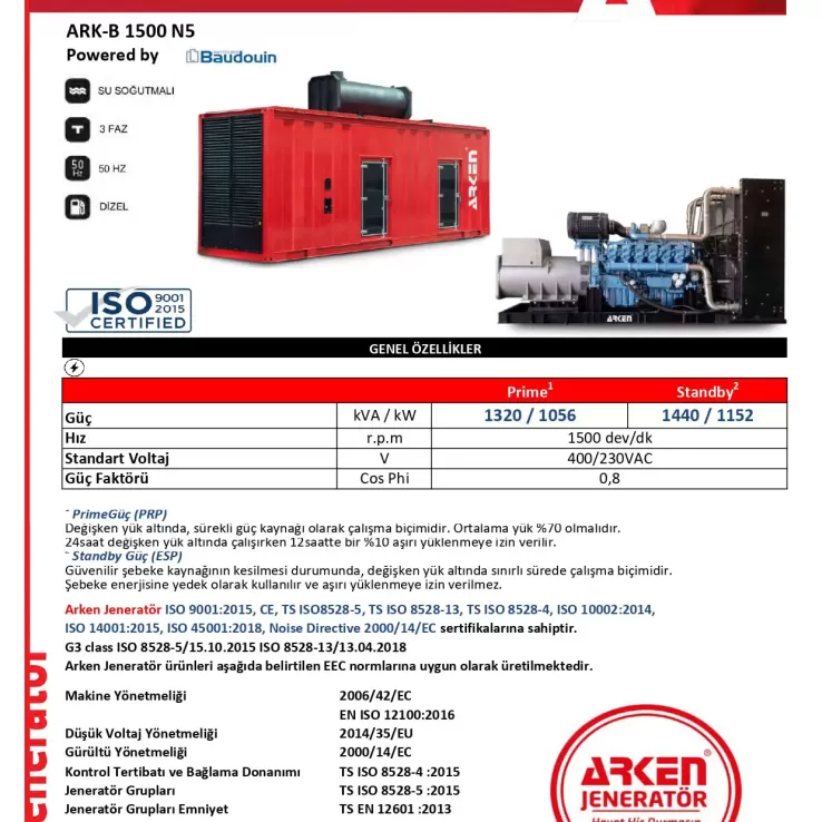 Arken Baudouin Nekra ARK-B 1500 N5 Dizel Jeneratör