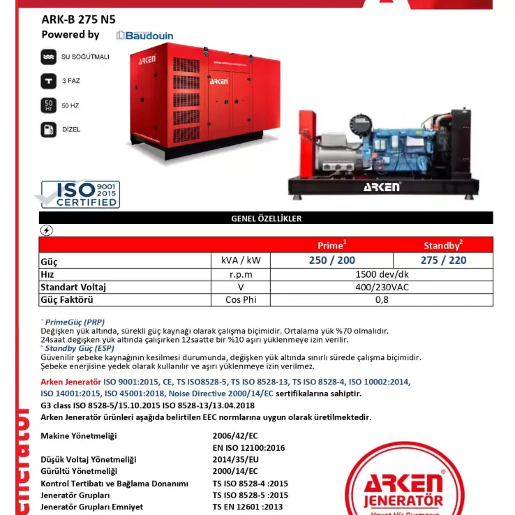 Arken Baudouin Nekra ARK-B 275 N5 Dizel Jeneratör