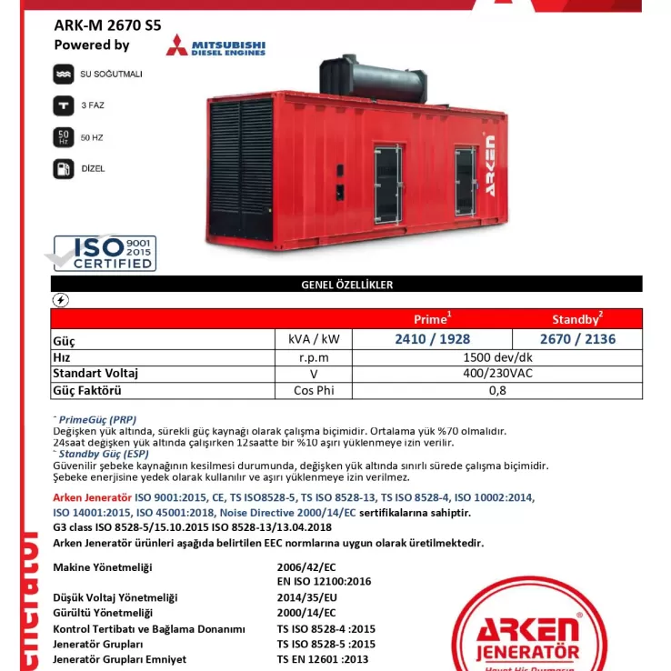 Arken Mitsubishi Linz ARK-M2670 S5 Dizel Jeneratör