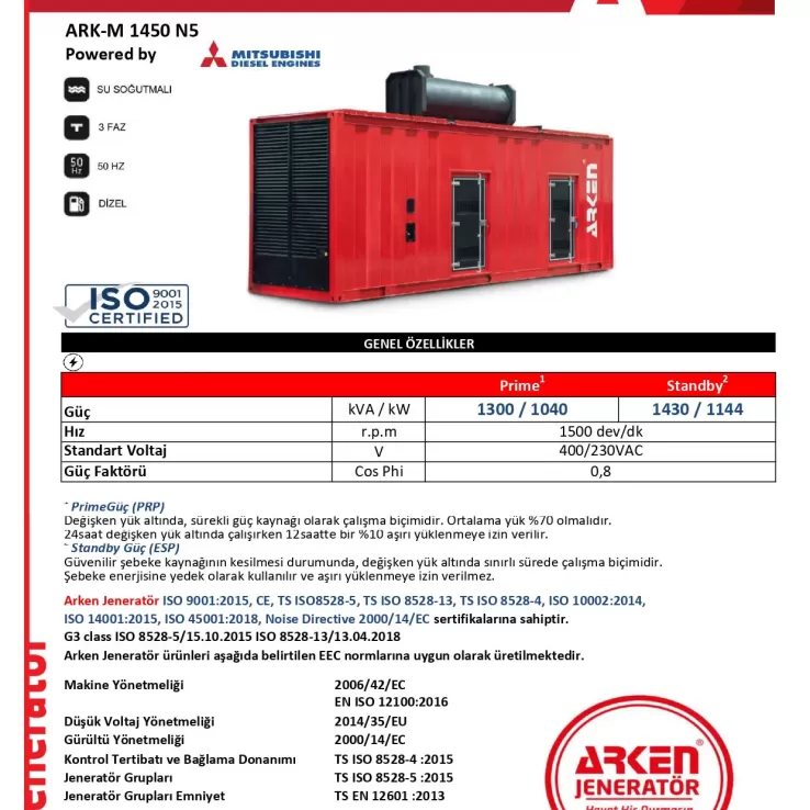 Arken Mitsubishi Nekra ARK-M1450 N5 Dizel Jeneratör