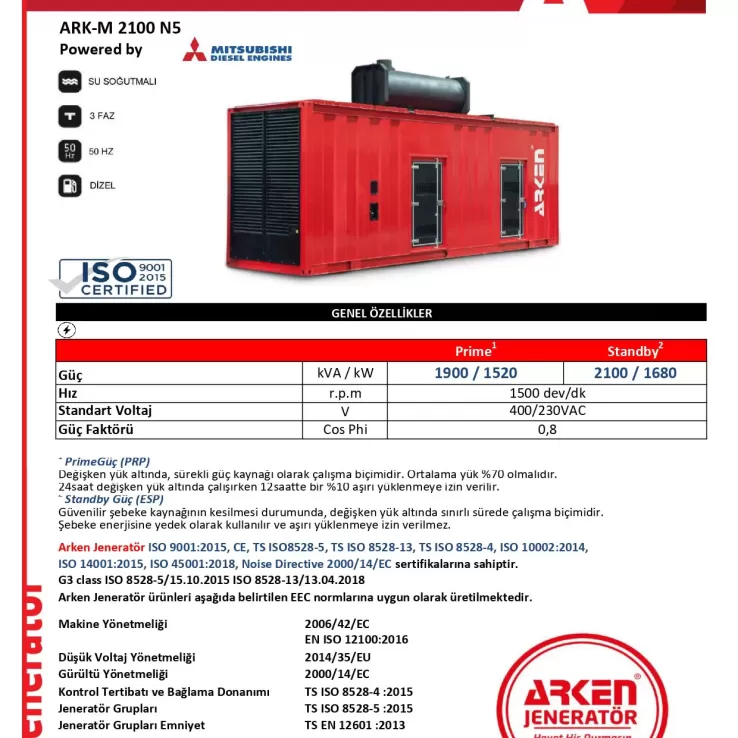Arken Mitsubishi Nekra ARK-M2100 N5 Dizel Jeneratör