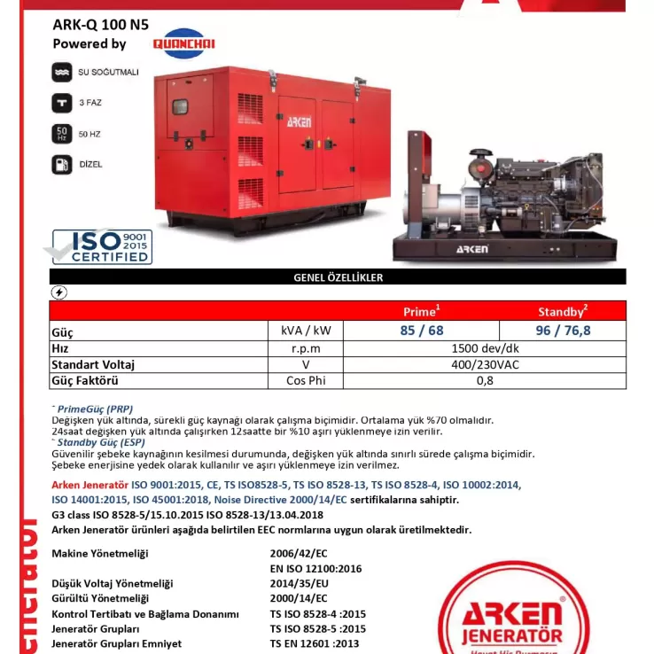 Arken Quanchai Nekra ARK-Q 100 N5 Dizel Jeneratör