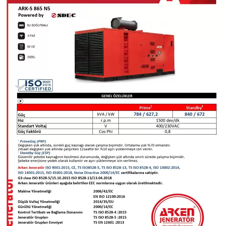 Arken Sdec Nekra ARK-S 865 N5 Dizel Jeneratör