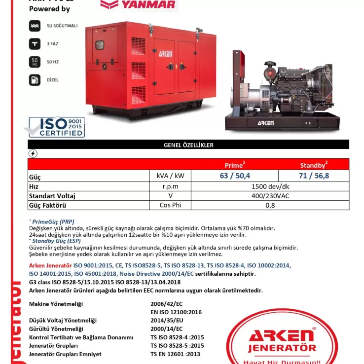 Arken Yanmar Linz ARK-Y 70 L5 Dizel Jeneratör